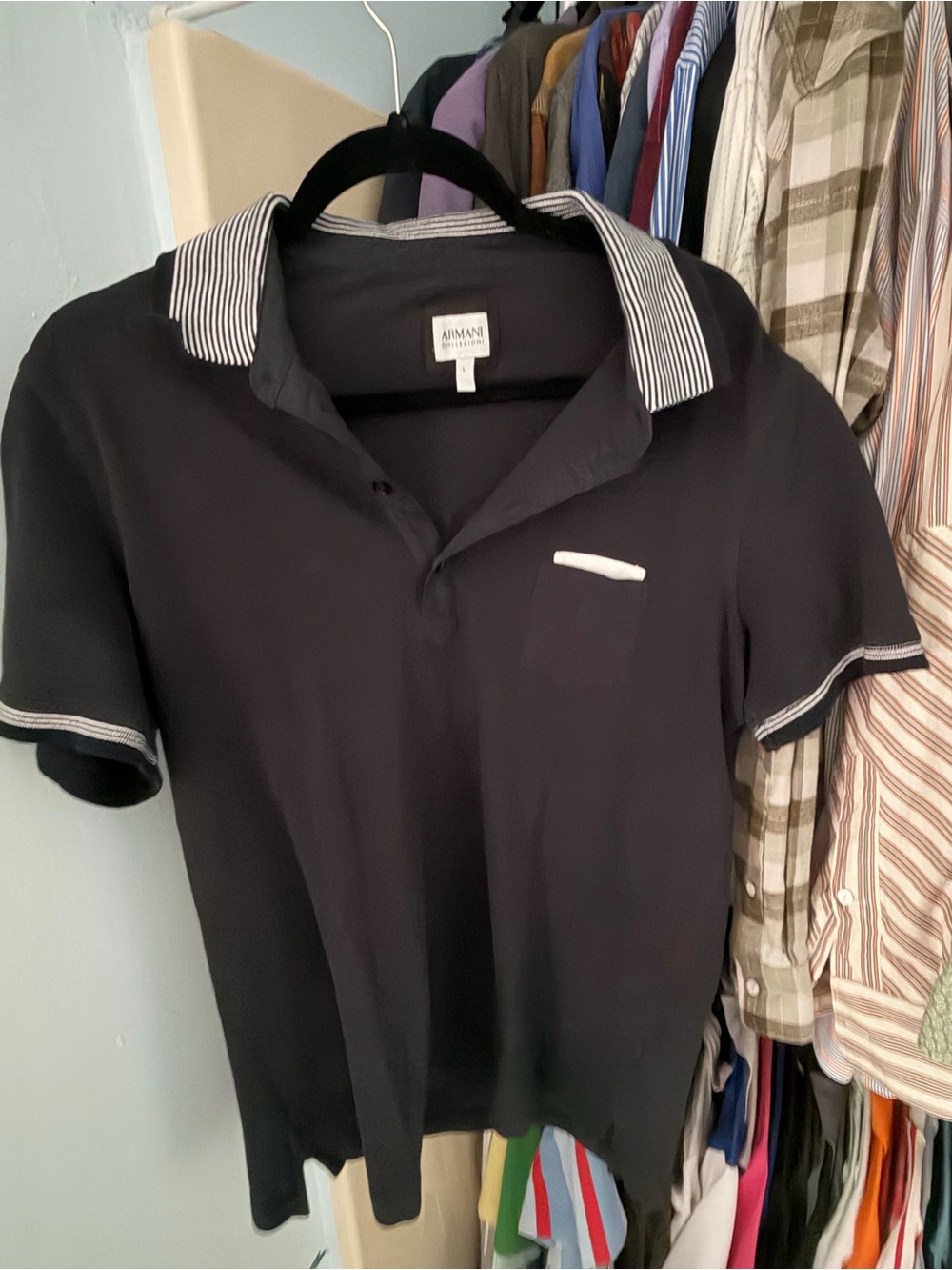 Armani Exchange Black Polo with White Trim and Striped Collar